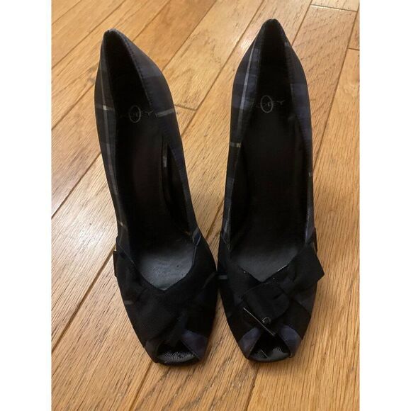 Joey women's dark navy blue plaid peep toe front bow 4" high heels size 7.5M - Picture 1 of 9